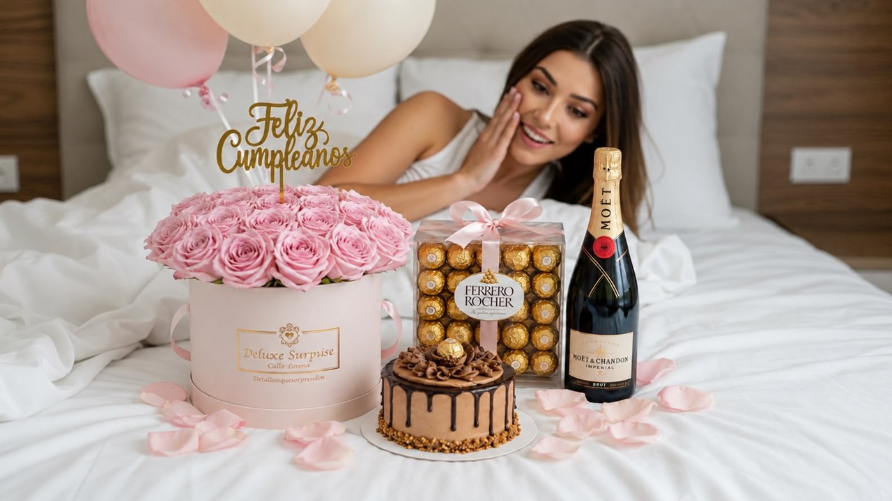 Desayuno sorpresa con oso de peluche gigante, rosas rojas y globo Happy Birthday