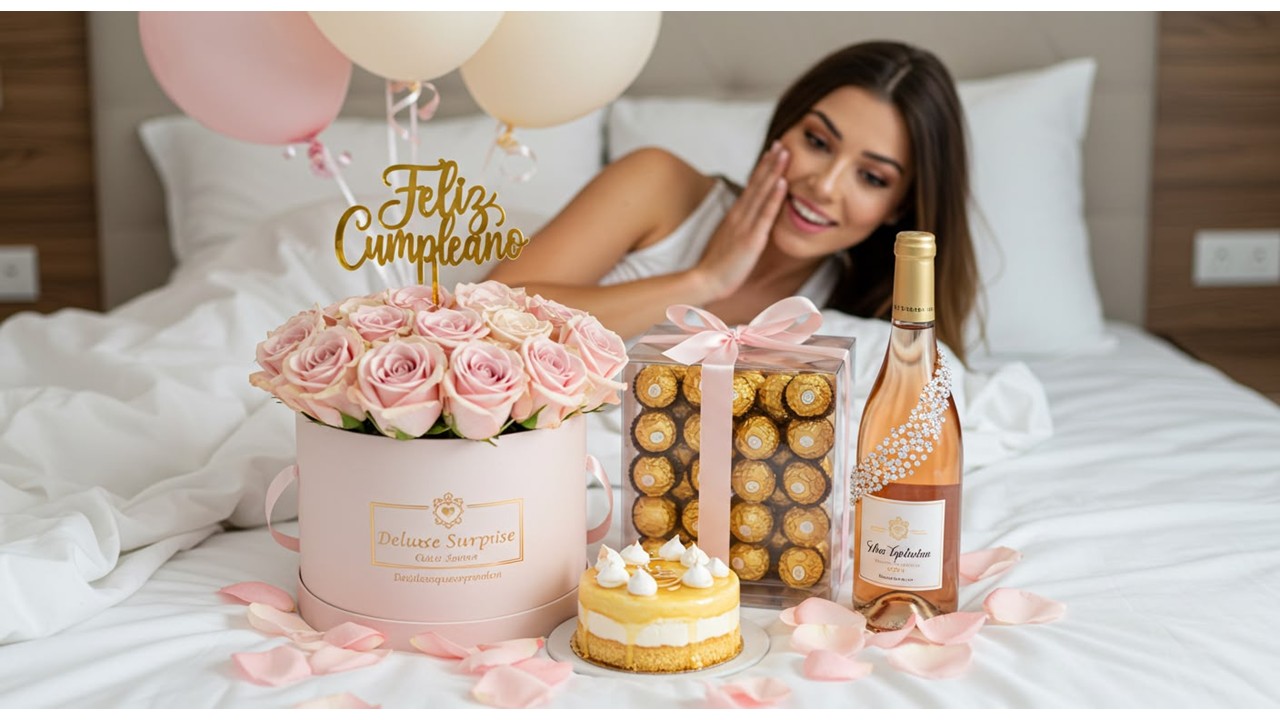 Caja de rosas Deluxe Surprise con chocolates Ferrero Rocher, torta y vino para cumpleaños