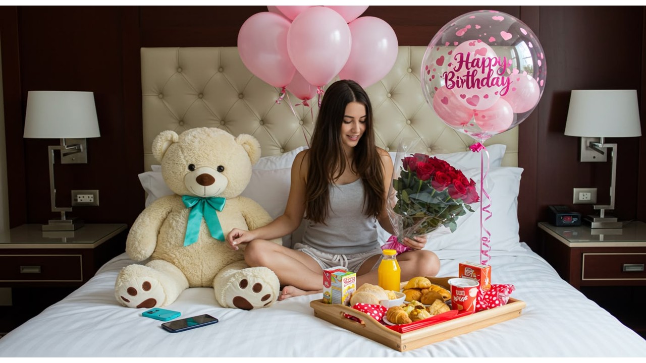 Desayuno sorpresa con oso de peluche gigante, rosas rojas y globo Happy Birthday