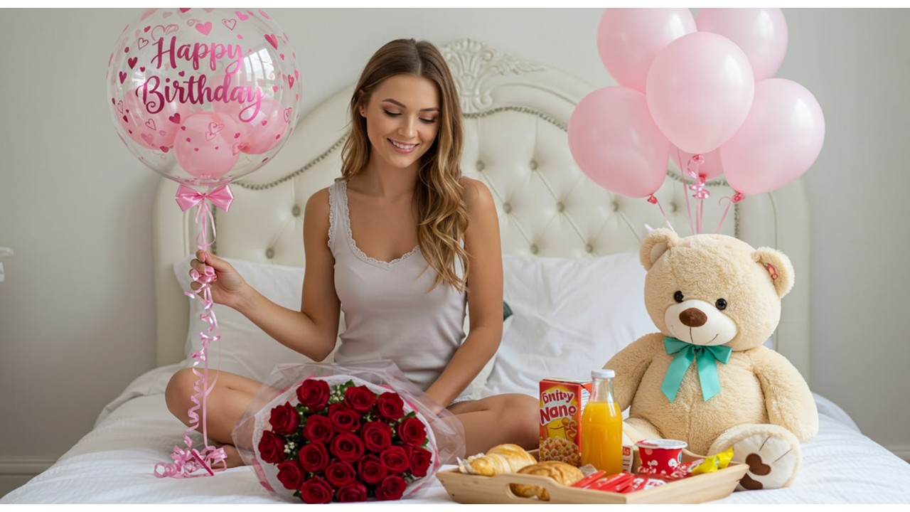 Detalle sorpresa con globo Happy Birthday, rosas rojas y oso de peluche