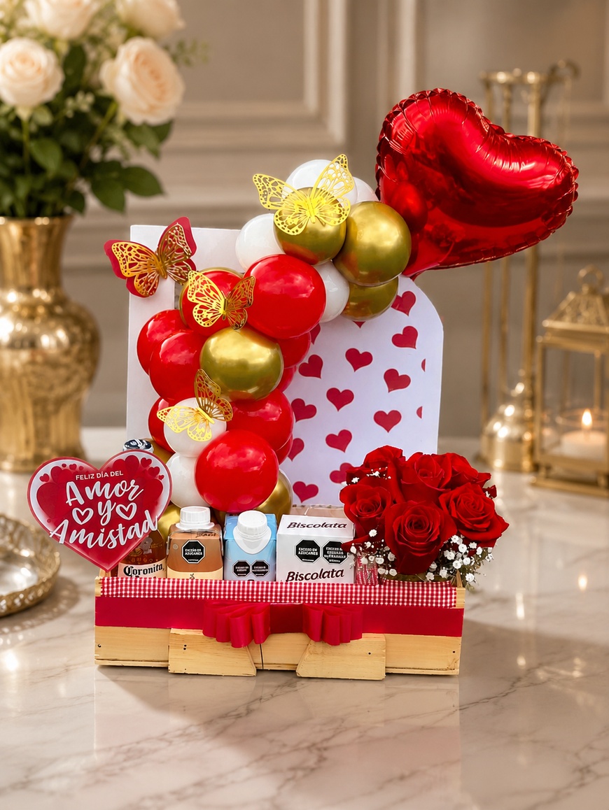 Desayuno panel de corazones rojo con rosas - Deluxe Surprise