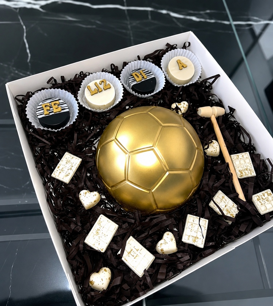 Detalle balón de futbol de chocolate dorado - Deluxe Surprise