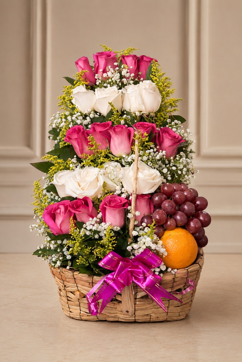 Detalle arreglo floral con frutas - Deluxe Surprise