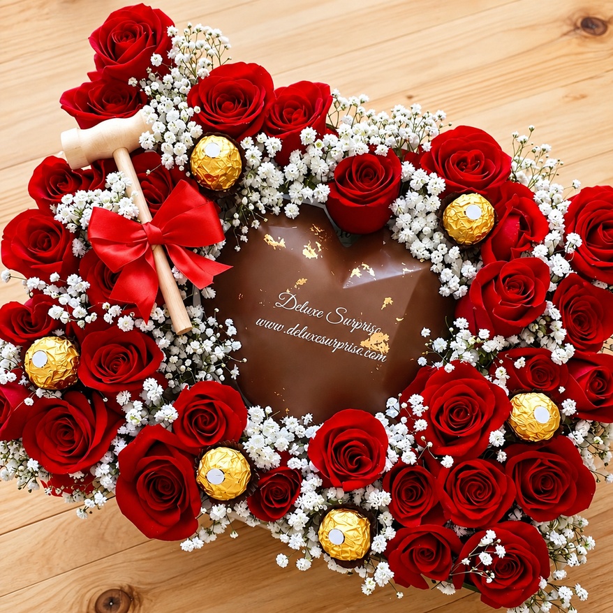 Detalle corazón de chocolate con rosas rojass - Deluxe Surprise