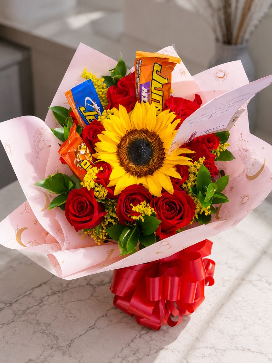 Detalle ramo de rosas con girasol y chocolates - Deluxe Surprise
