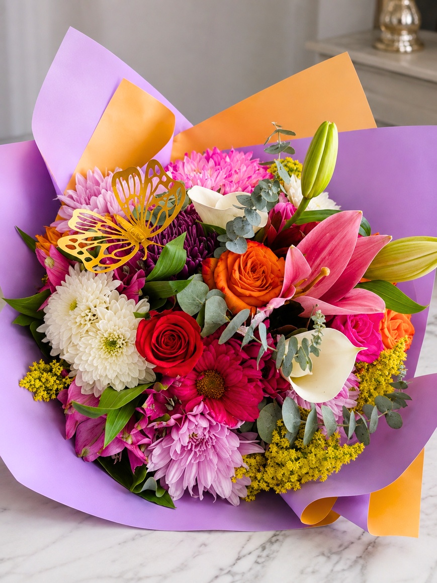Detalle ramo de rosas con mariposa dorada - Deluxe Surprise