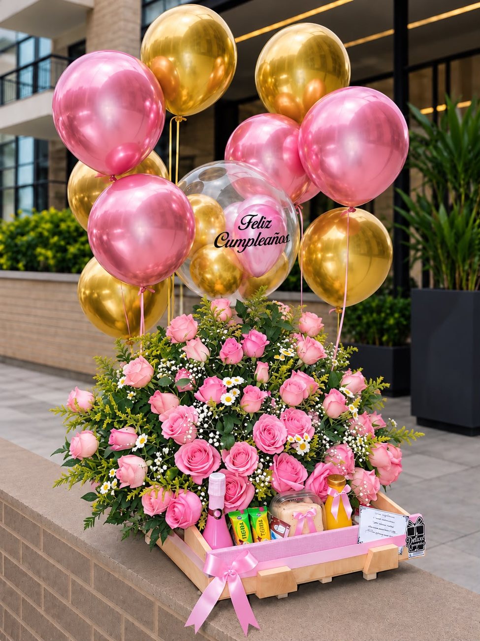 Arreglo floral gigante con globo burbuja Feliz Cumpleaños y globos rosados y dorados