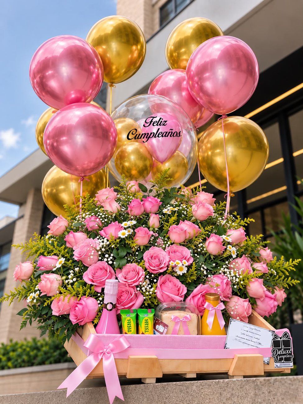 Desayuno sorpresa deluxe en bandeja de madera con rosas, JP Chenet y globos de lujo
