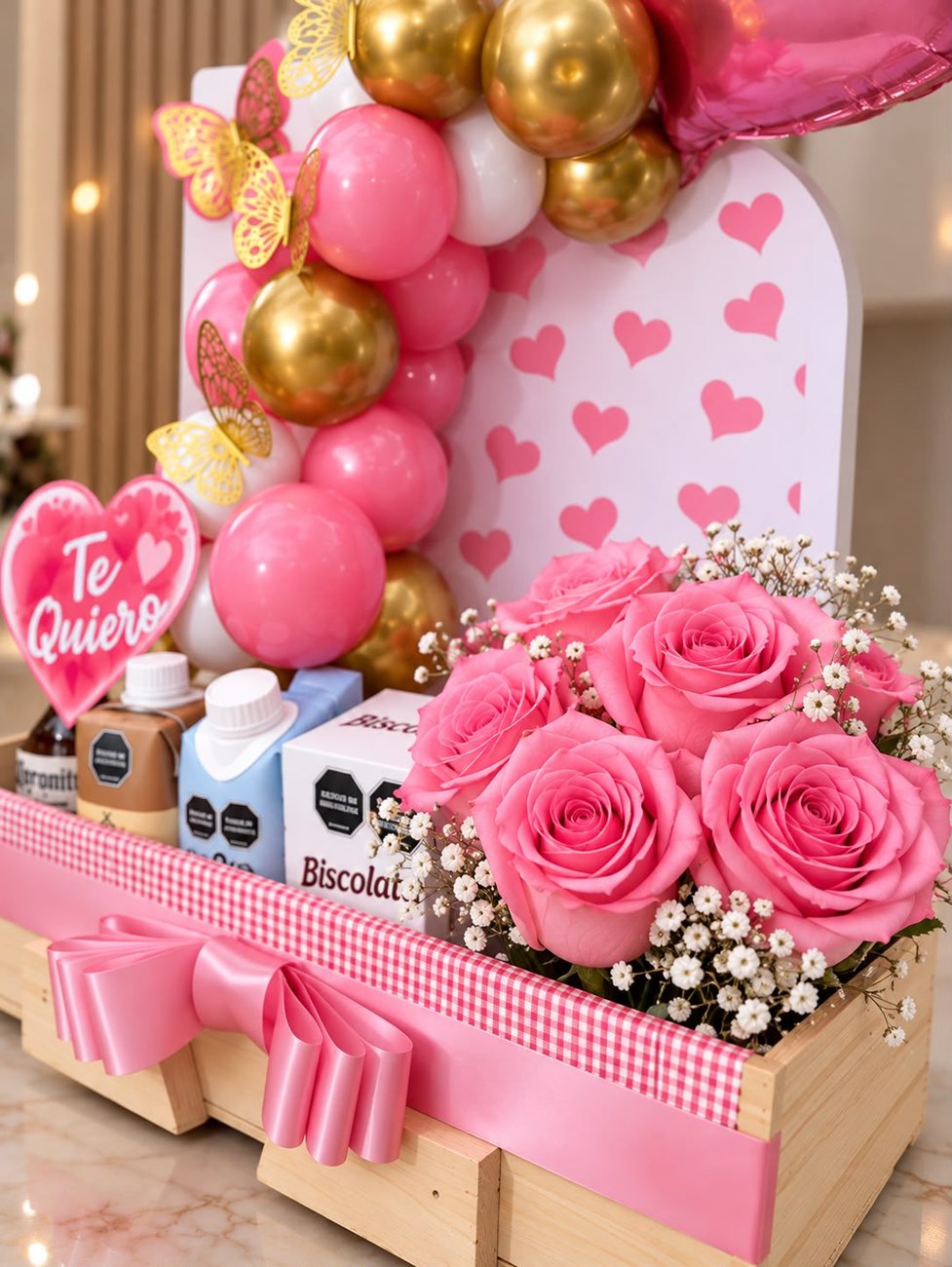 Bouquet de rosas rosadas con gypsophila en bandeja de madera con cinta rosa
