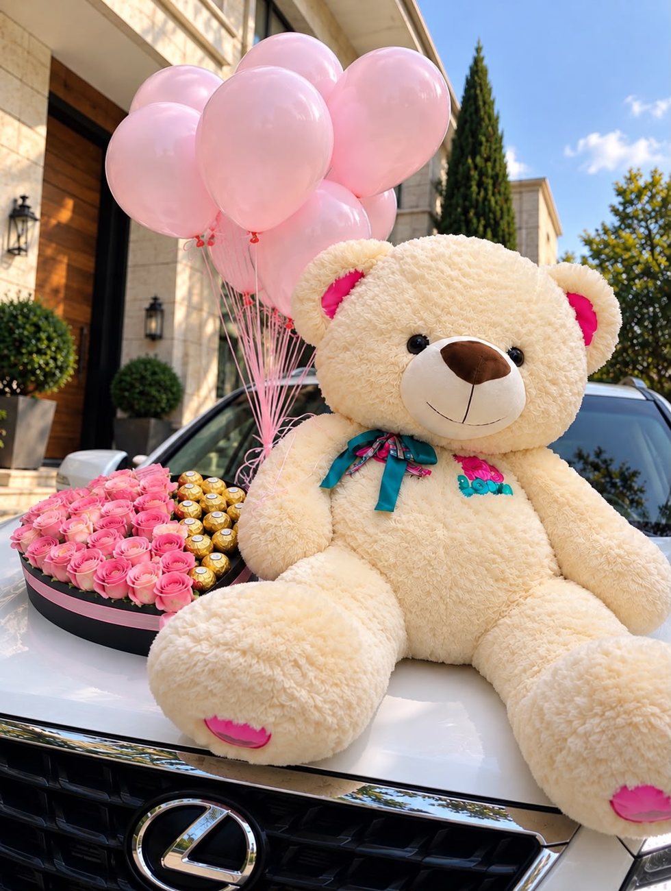 Oso de peluche gigante con ramo de rosas rosadas, chocolates Ferrero Rocher y globos rosados en helio - Deluxe Surprise