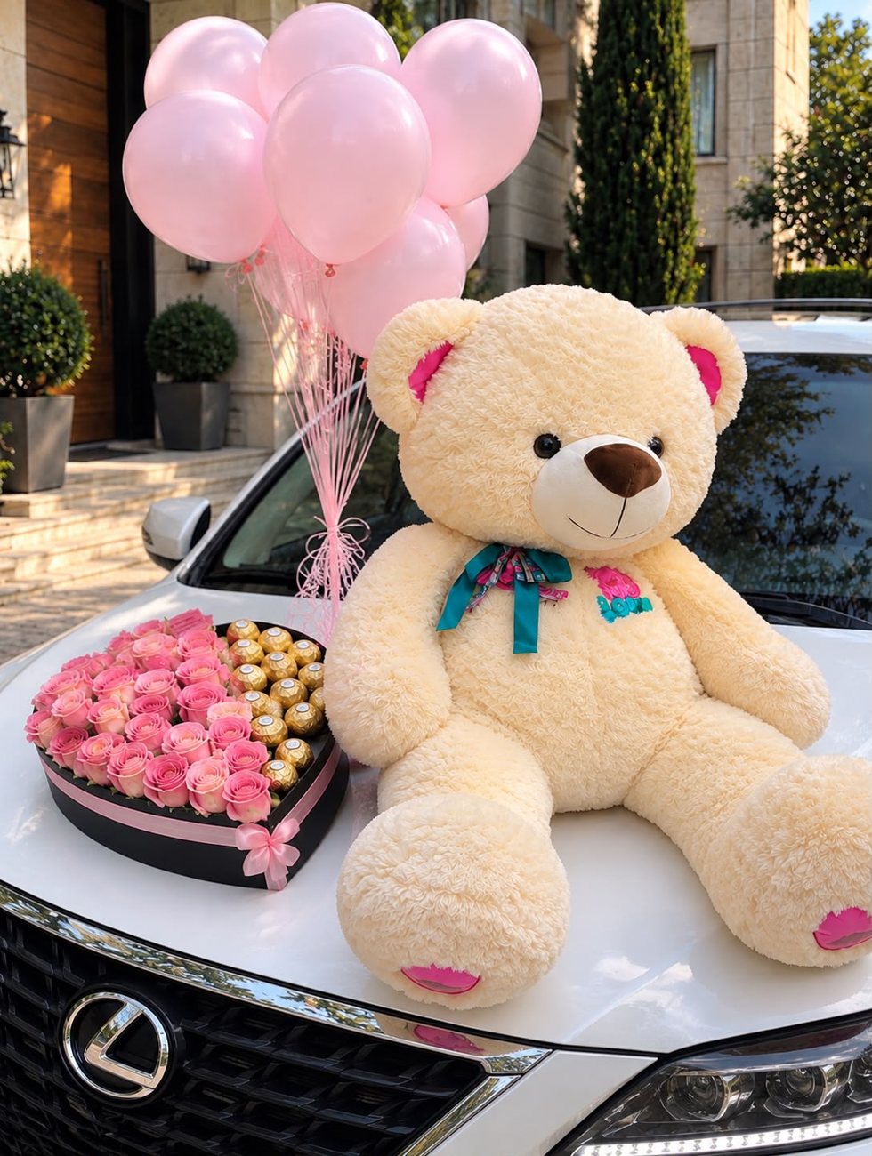 Detalle sorpresa con oso gigante, caja de rosas en forma de corazón y globos en helio