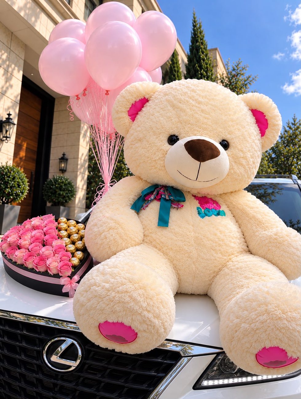 Peluche gigante con globos rosados en helio y arreglo de rosas, vista cercana